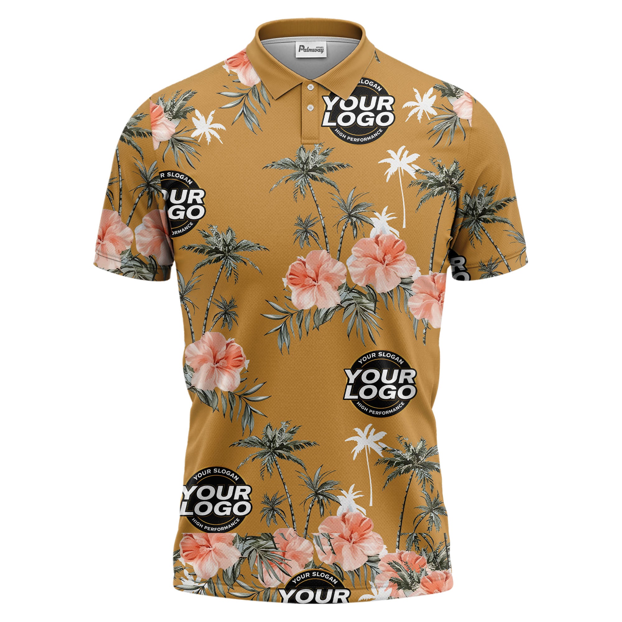coral hibiscus & palm tree watercolor tropical floral polo shirt for men