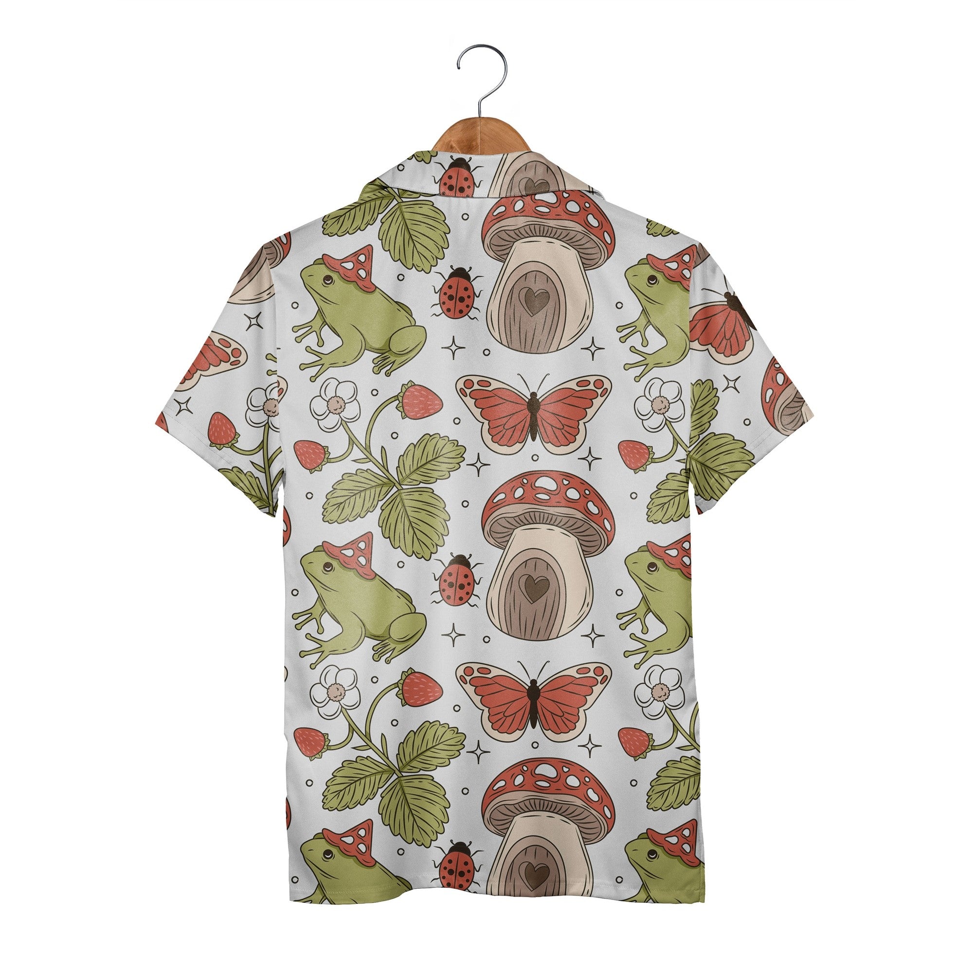 Cottagecore Frog and Mushroom Cap Hawaiian Shirt with Butterflies