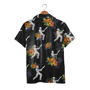 Cricket Aloha Shirt - Tropical Floral Players Bats Helmets Orange Green Print