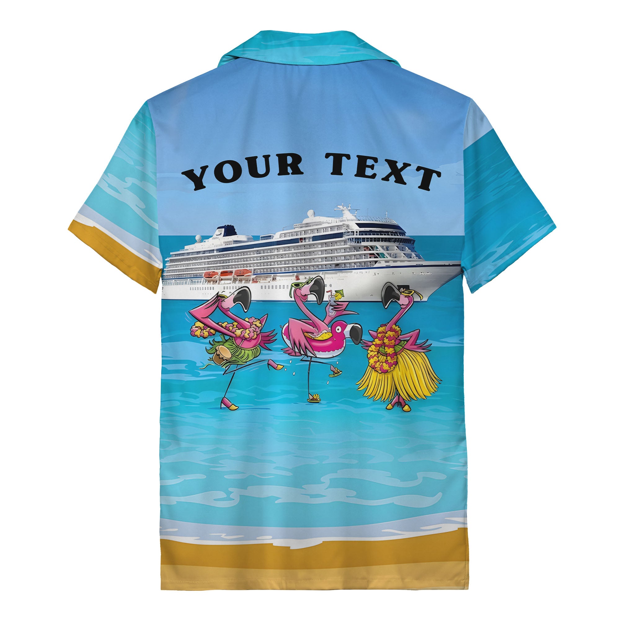 cruise ship & flamingo beach scene cartoon hawaiian shirt