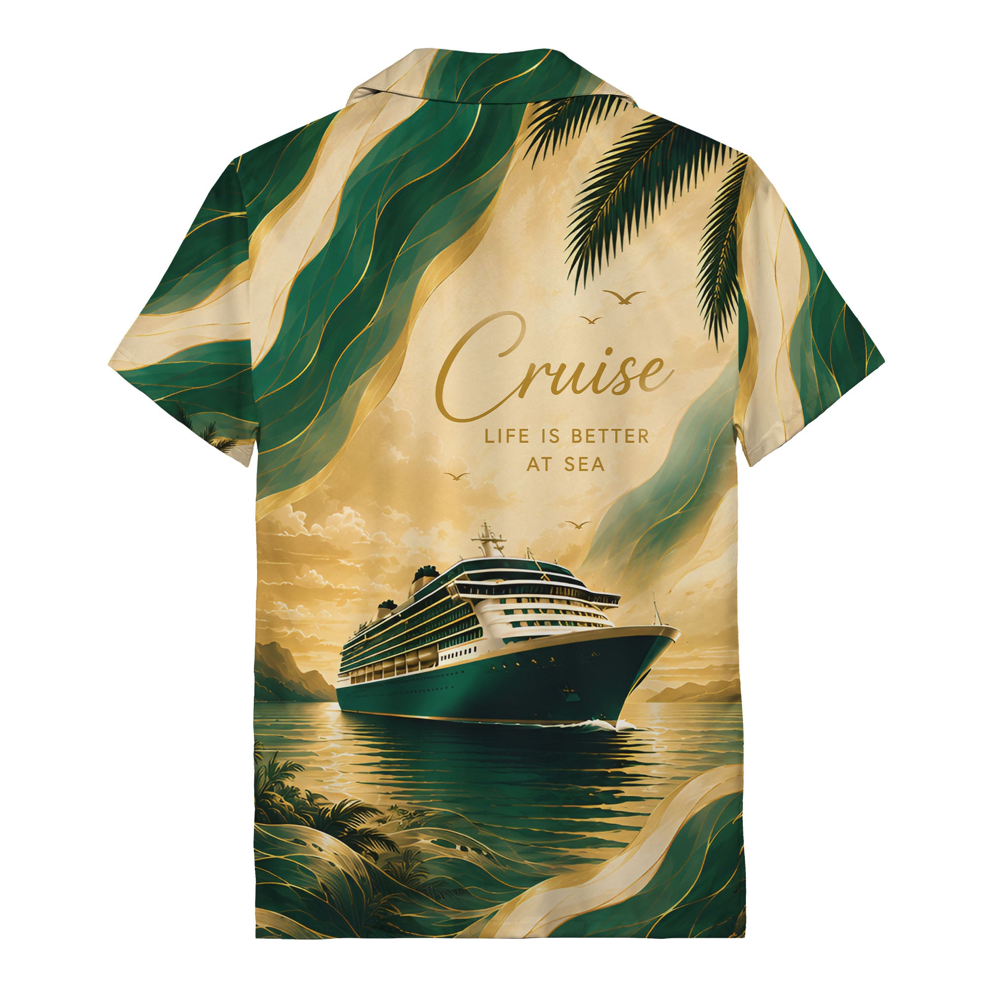 cruise ship sailing into golden sunset palm trees hawaiian shirt