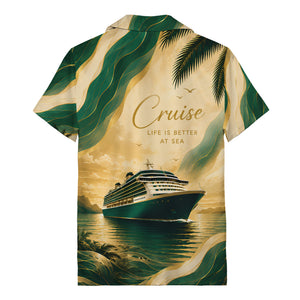 cruise ship sailing into golden sunset palm trees hawaiian shirt
