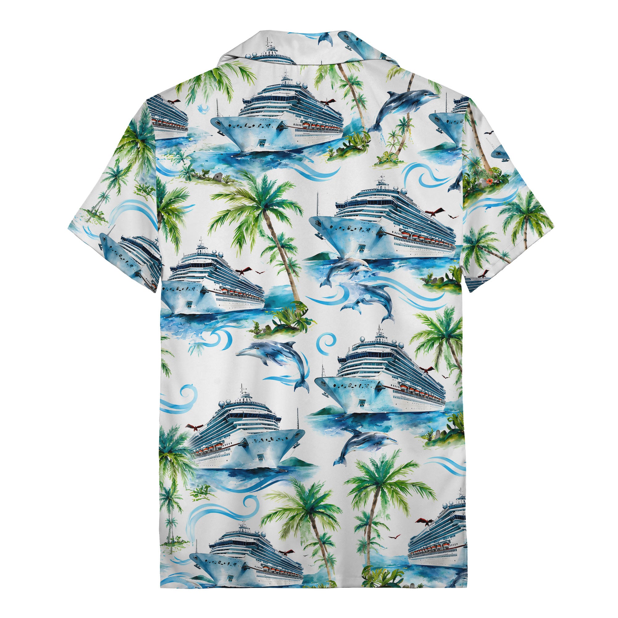 cruise ships dolphins & palm tree watercolor hawaiian shirt