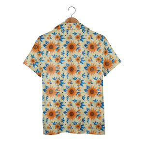 Decorative Orange Sunflower Hawaiian Shirt with Blue Leaves on Yellow