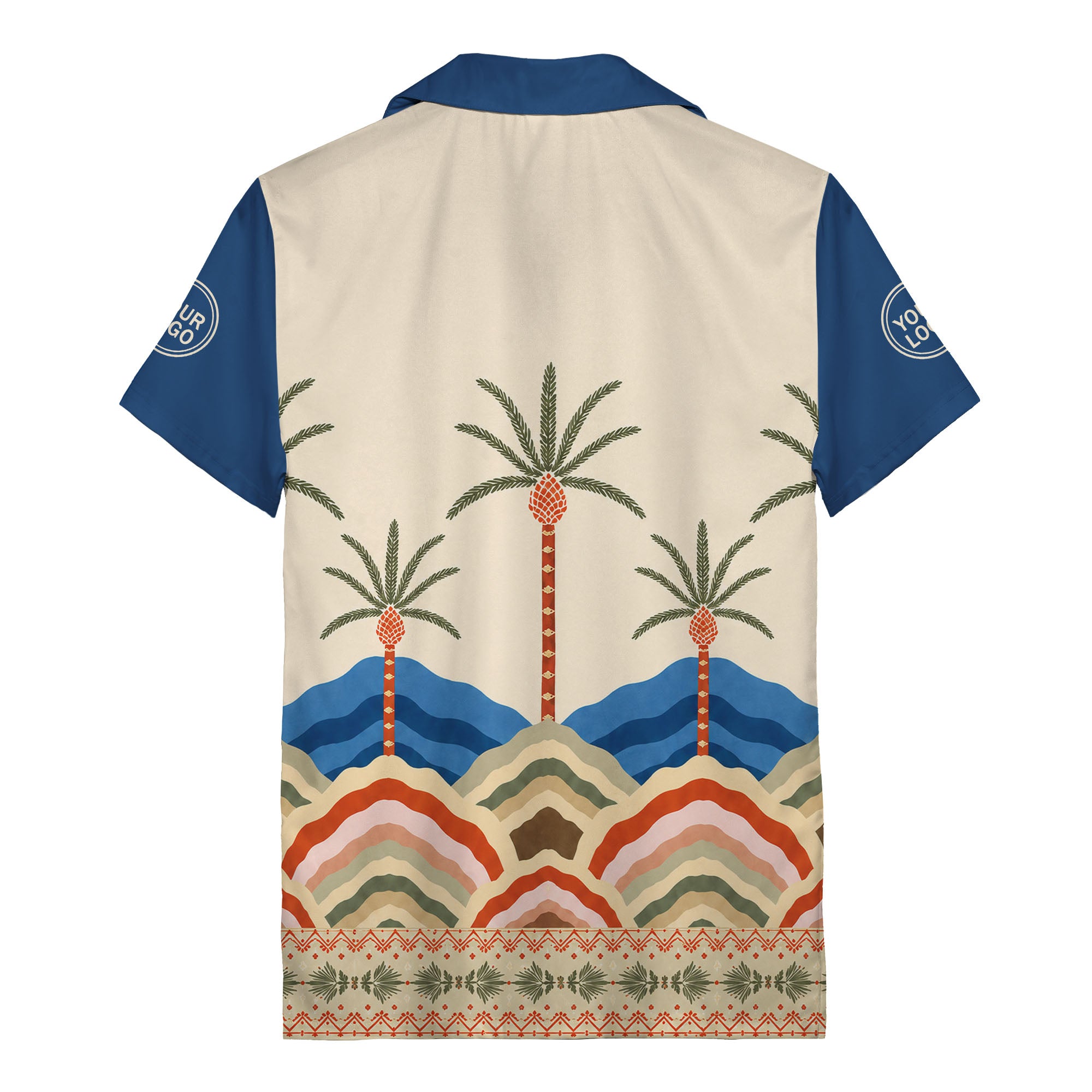 desert oasis palm trees sunset hills illustrated hawaiian shirt