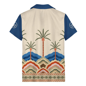 desert oasis palm trees sunset hills illustrated hawaiian shirt