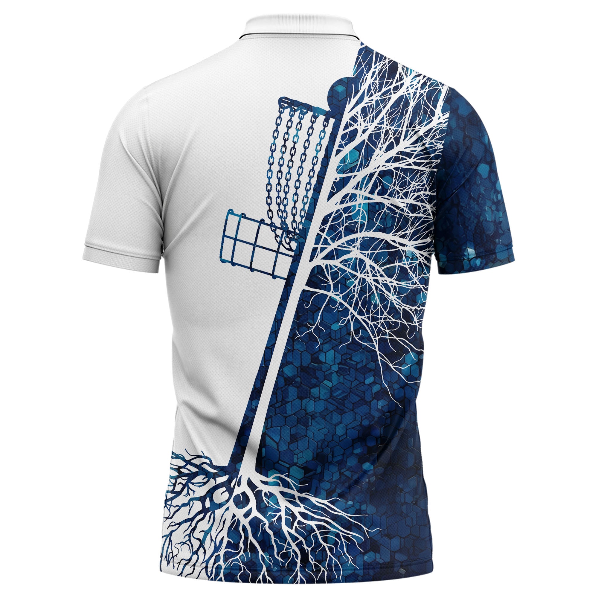 disc golf basket with blue hexagon roots pattern polo shirt for men