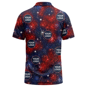 fireworks burst patriotic custom logo navy coral white polo shirt