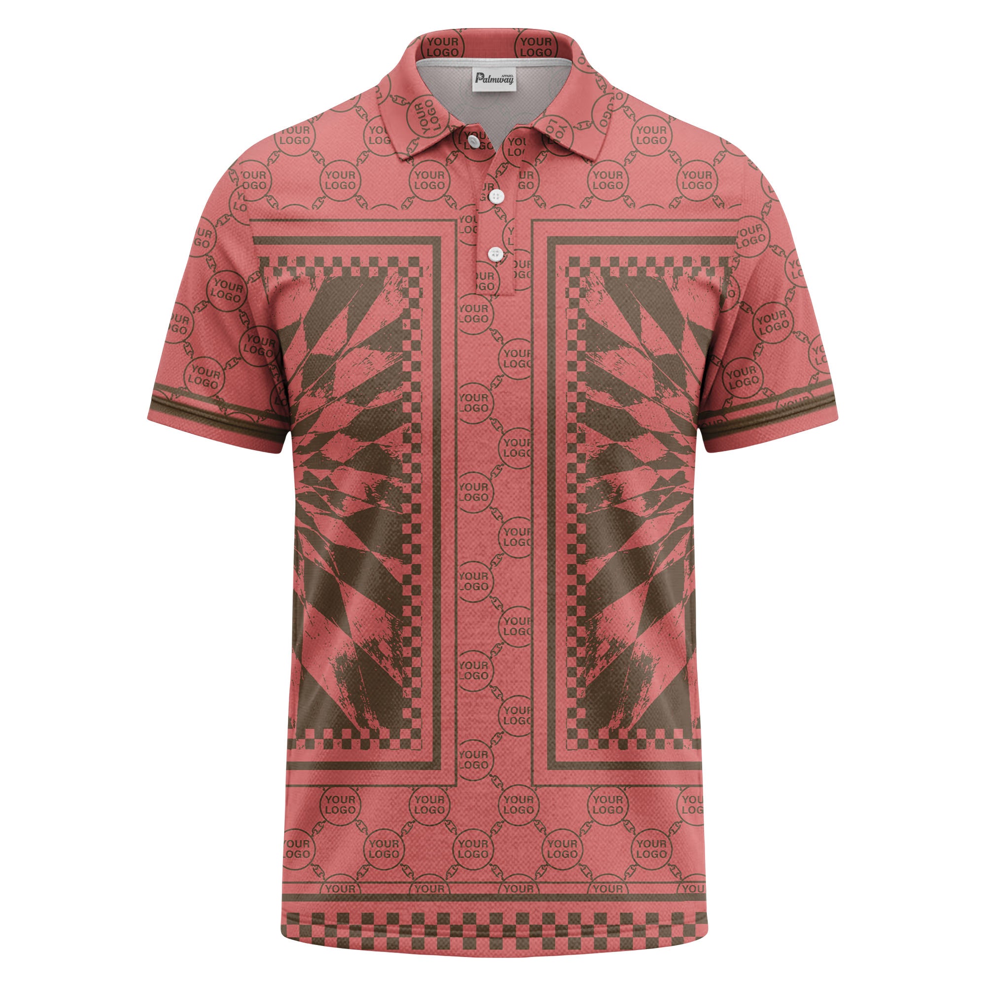 geometric palm leaves checkerboard border polo shirt