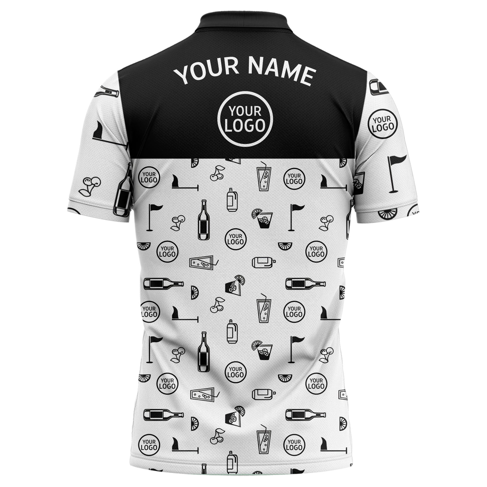 golf cocktail party repeating illustrated polo shirt with clubs flags and martini glasses