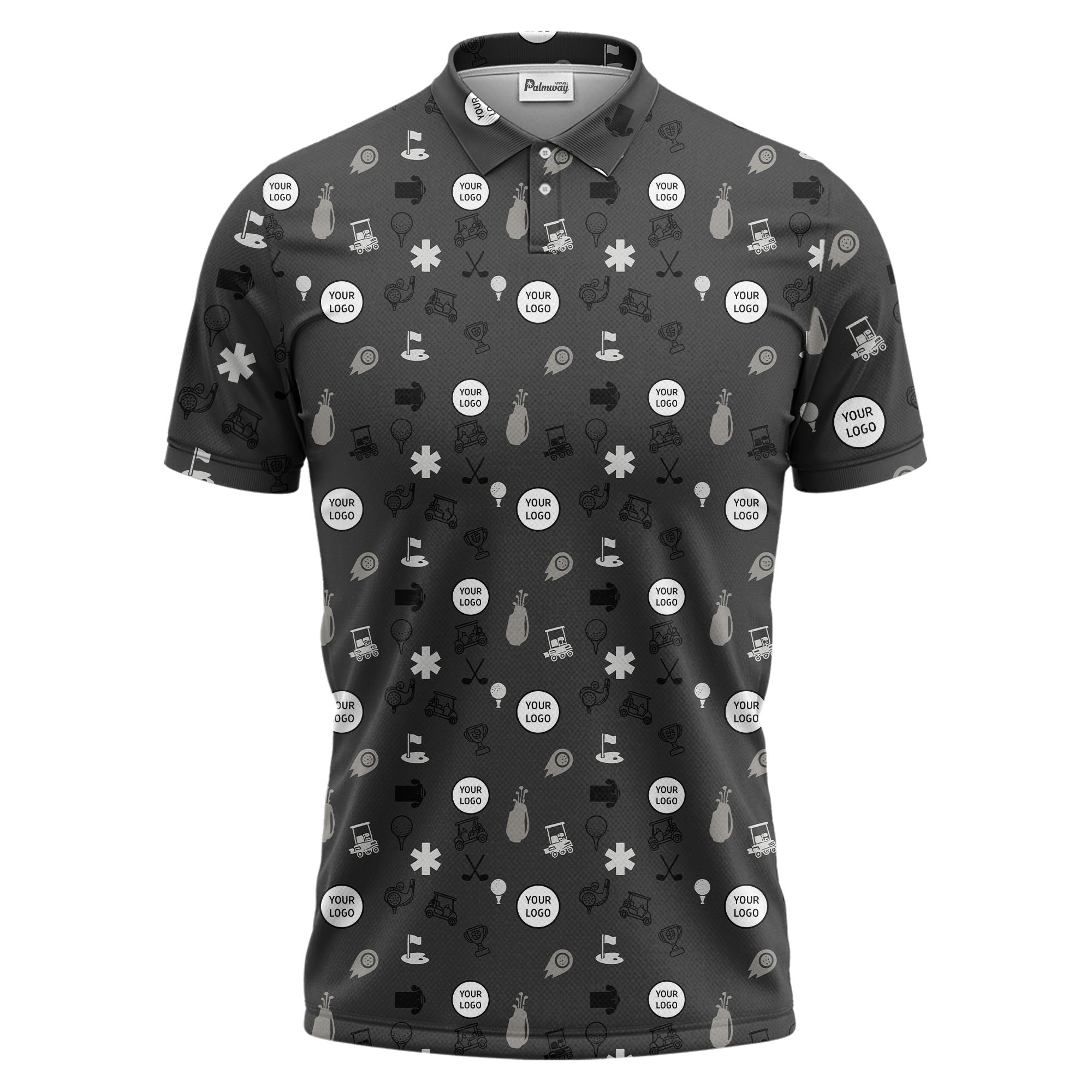 Gray Golf Course Sketch Polo Shirt With Repeating Balls Clubs Carts Trophies