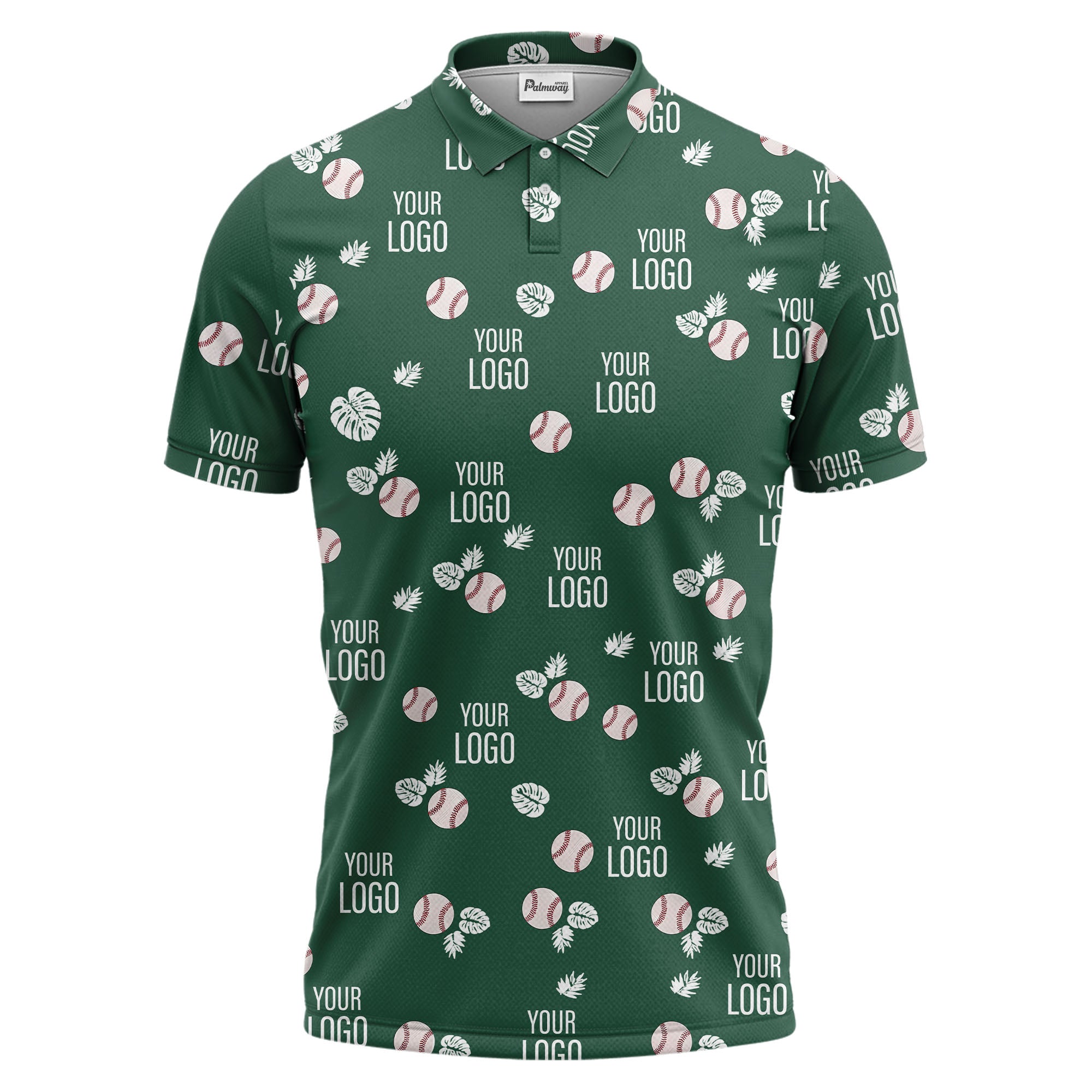 Illustrated Baseball & Tropical Leaves Repeating Polo Shirt For Weekend Games