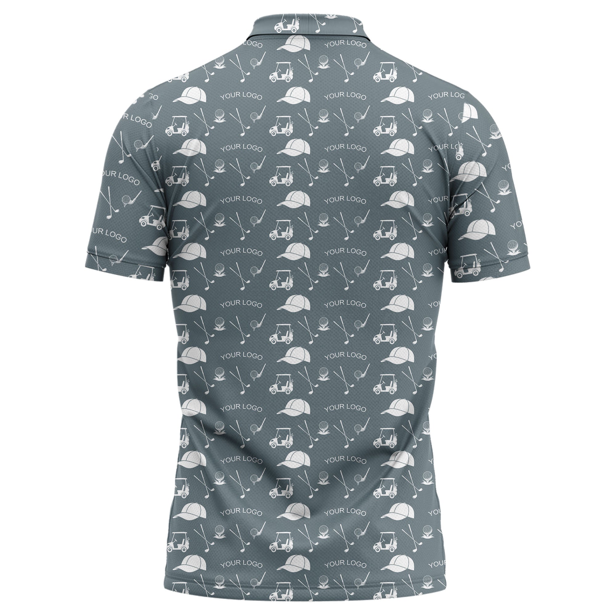 Illustrated Golf Carts Balls Clubs Repeating Polo Shirt For Sporty Fairway Style