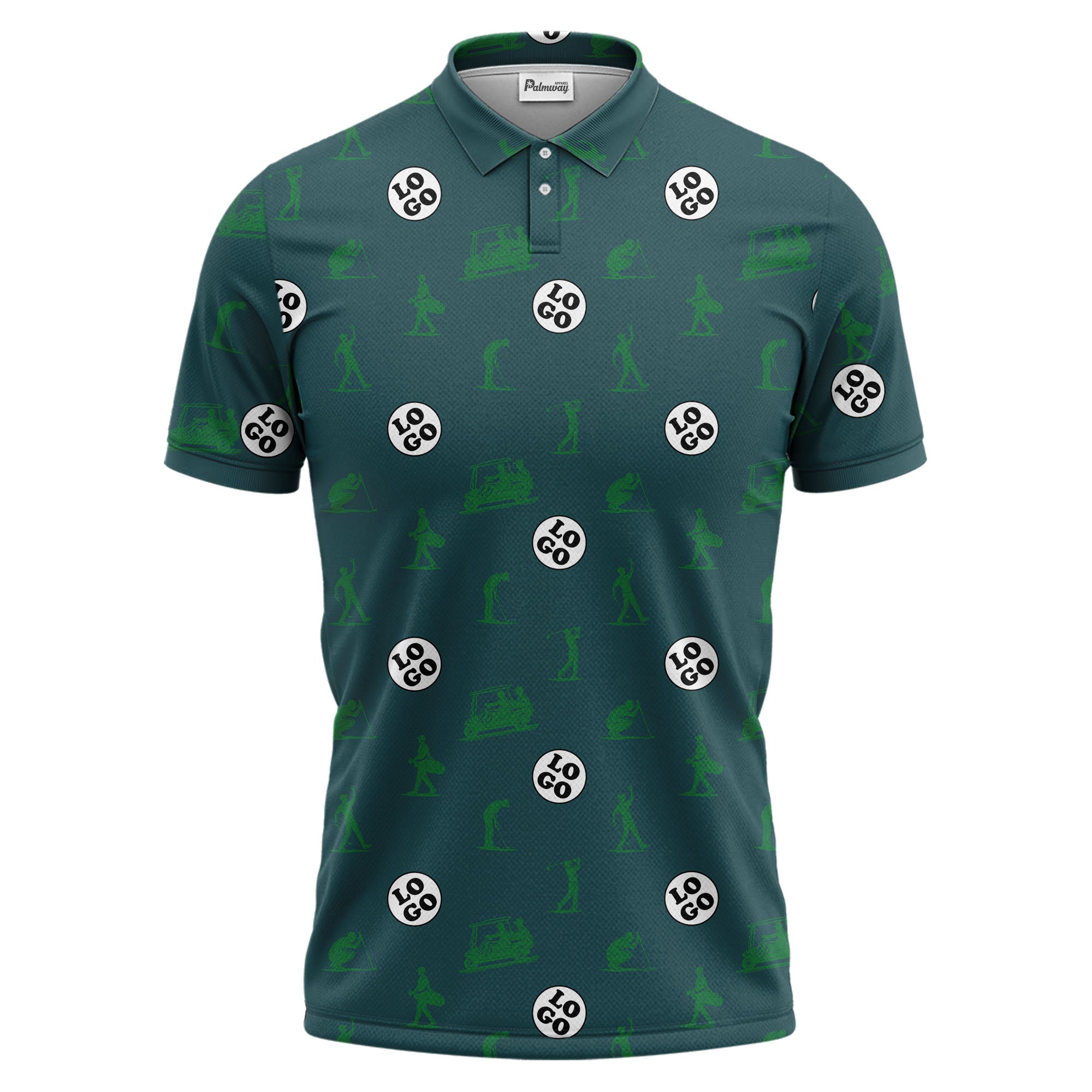illustrated golfers golf carts repeating on green polo shirt for weekend fairway fun