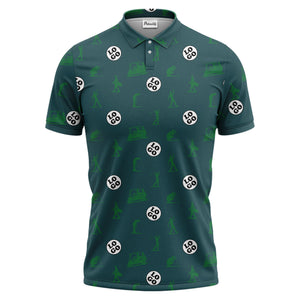 illustrated golfers golf carts repeating on green polo shirt for weekend fairway fun