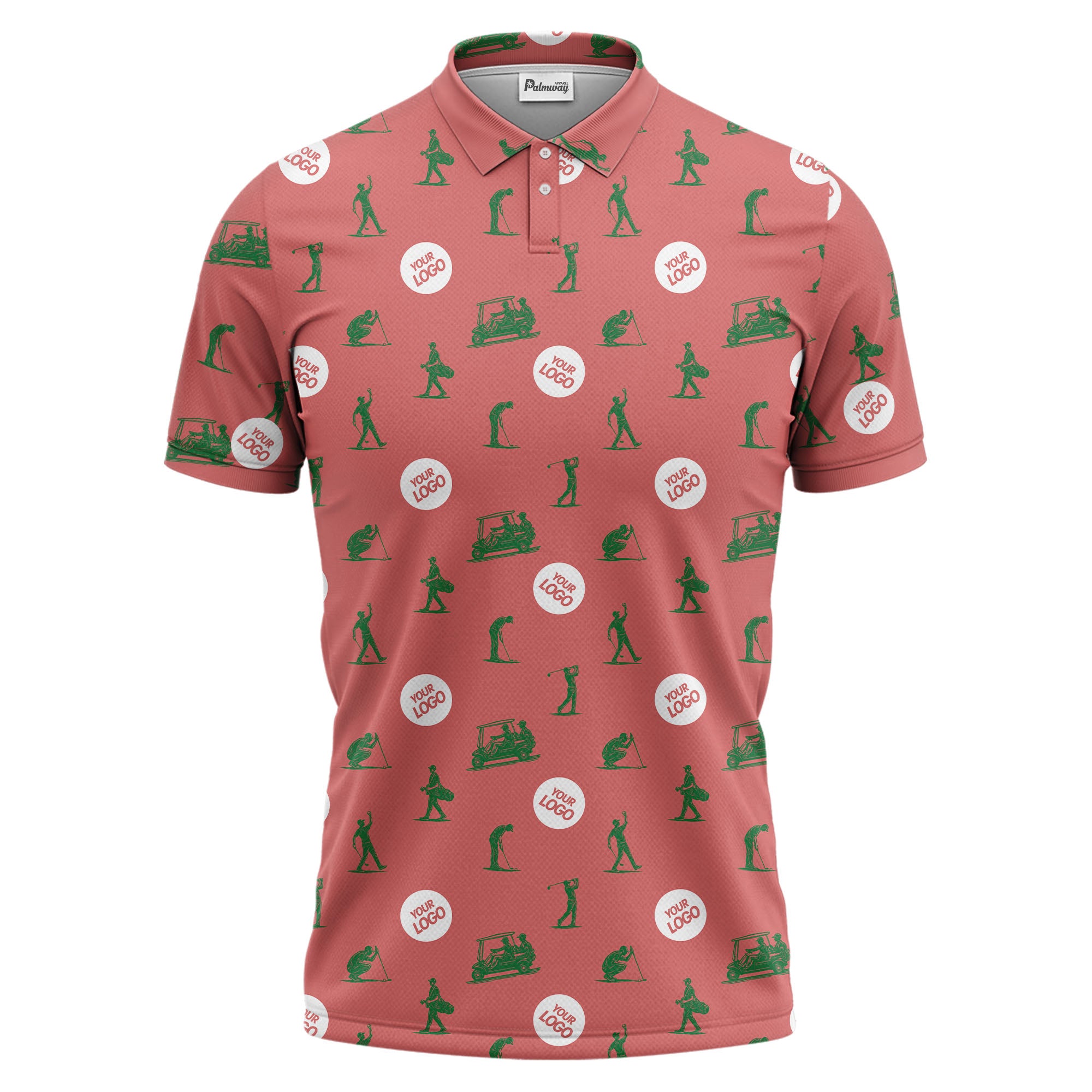 illustrated golfers golf carts repeating on green polo shirt for weekend fairway fun