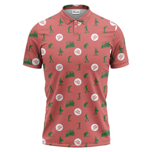 illustrated golfers golf carts repeating on green polo shirt for weekend fairway fun