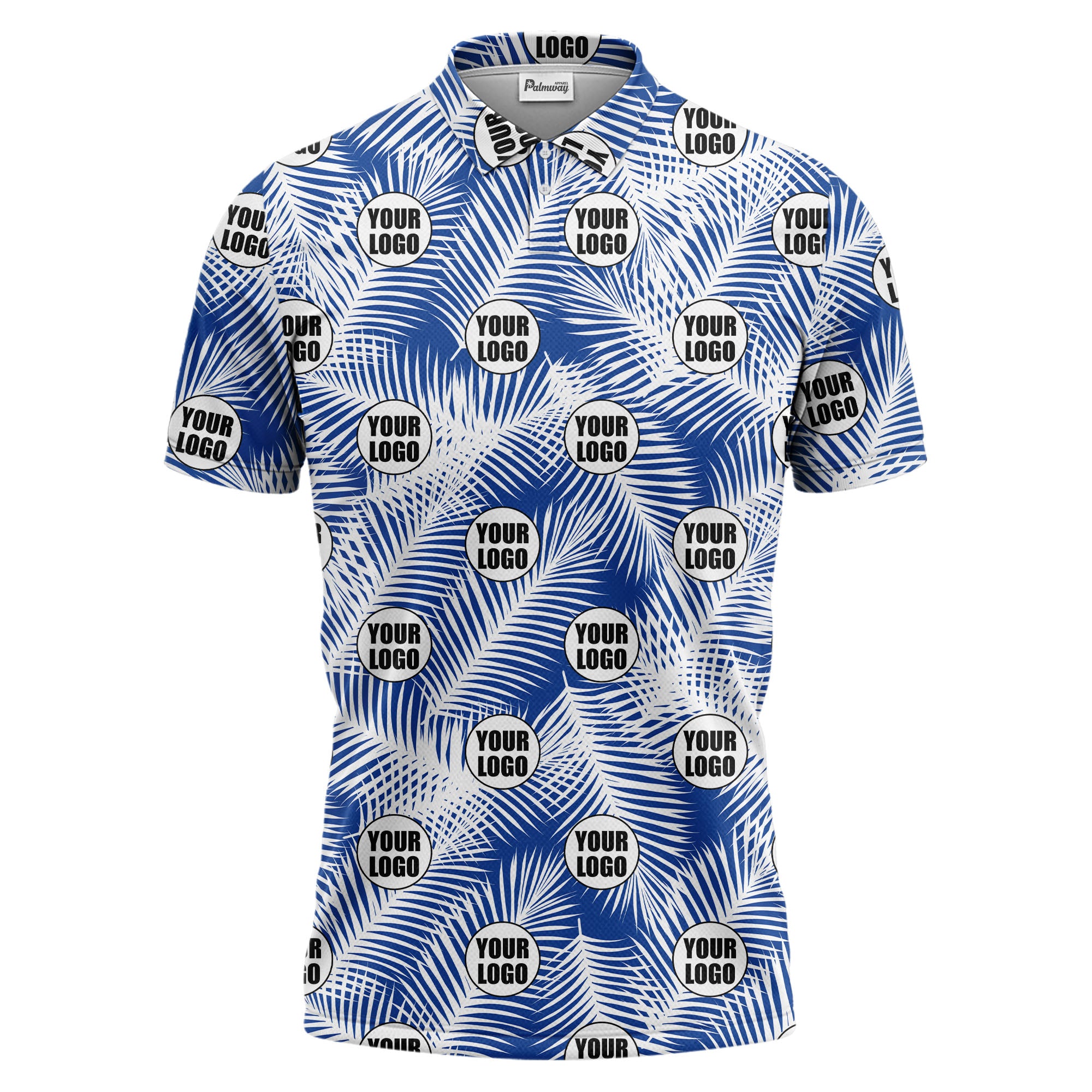 illustrated palm leaf logo repeating tropical polo shirt for men