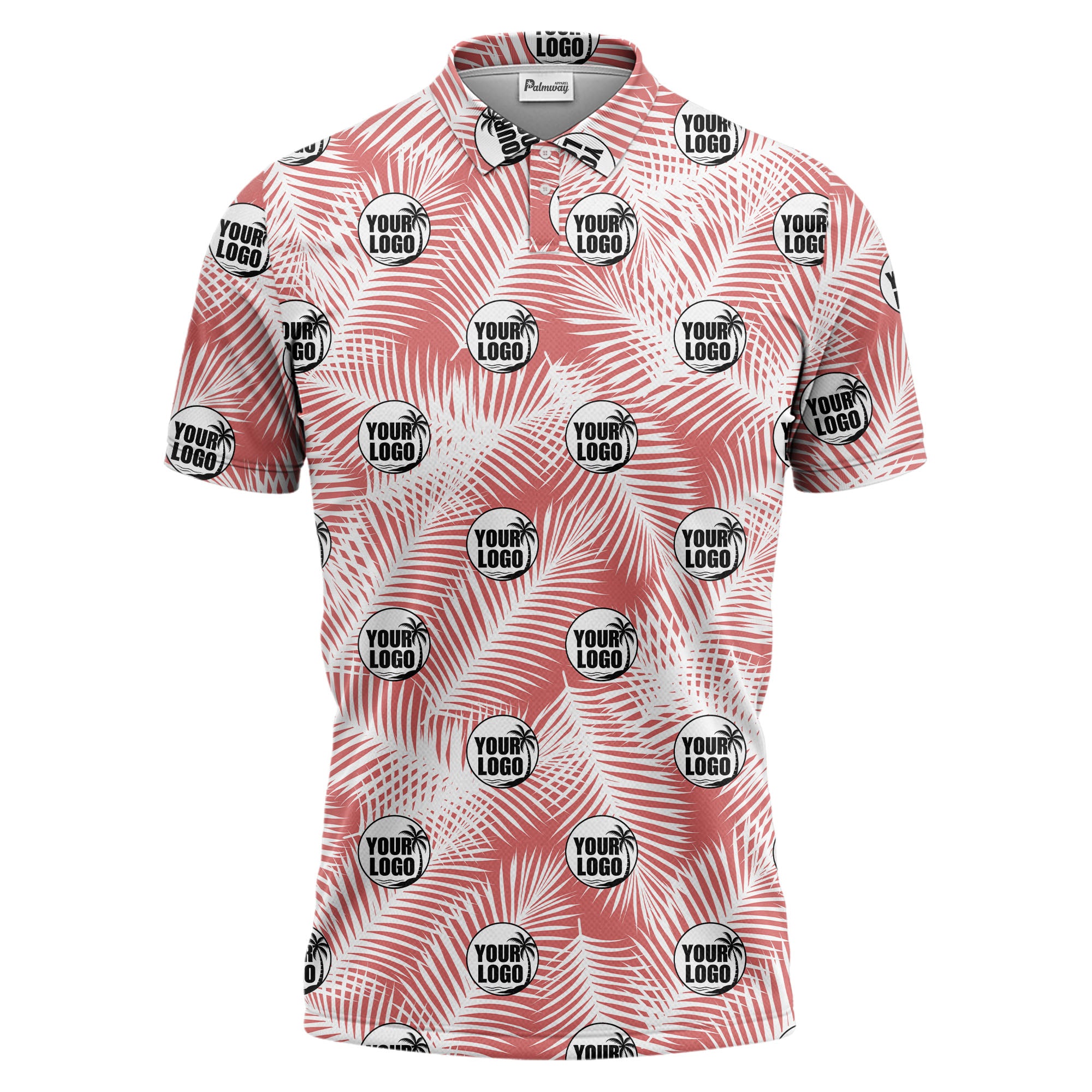 illustrated palm leaf logo repeating tropical polo shirt for men