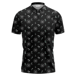 illustrated purple tropical island palm trees surfboards polo shirt for men