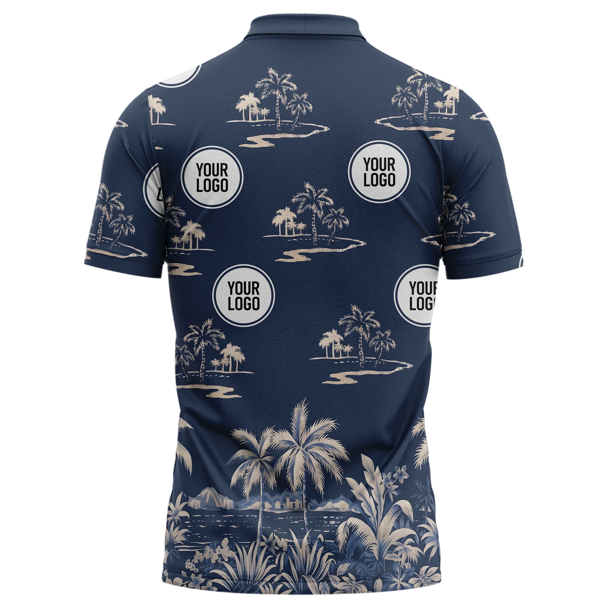 illustrated tropical palm tree island paradise polo shirt for beach vacations