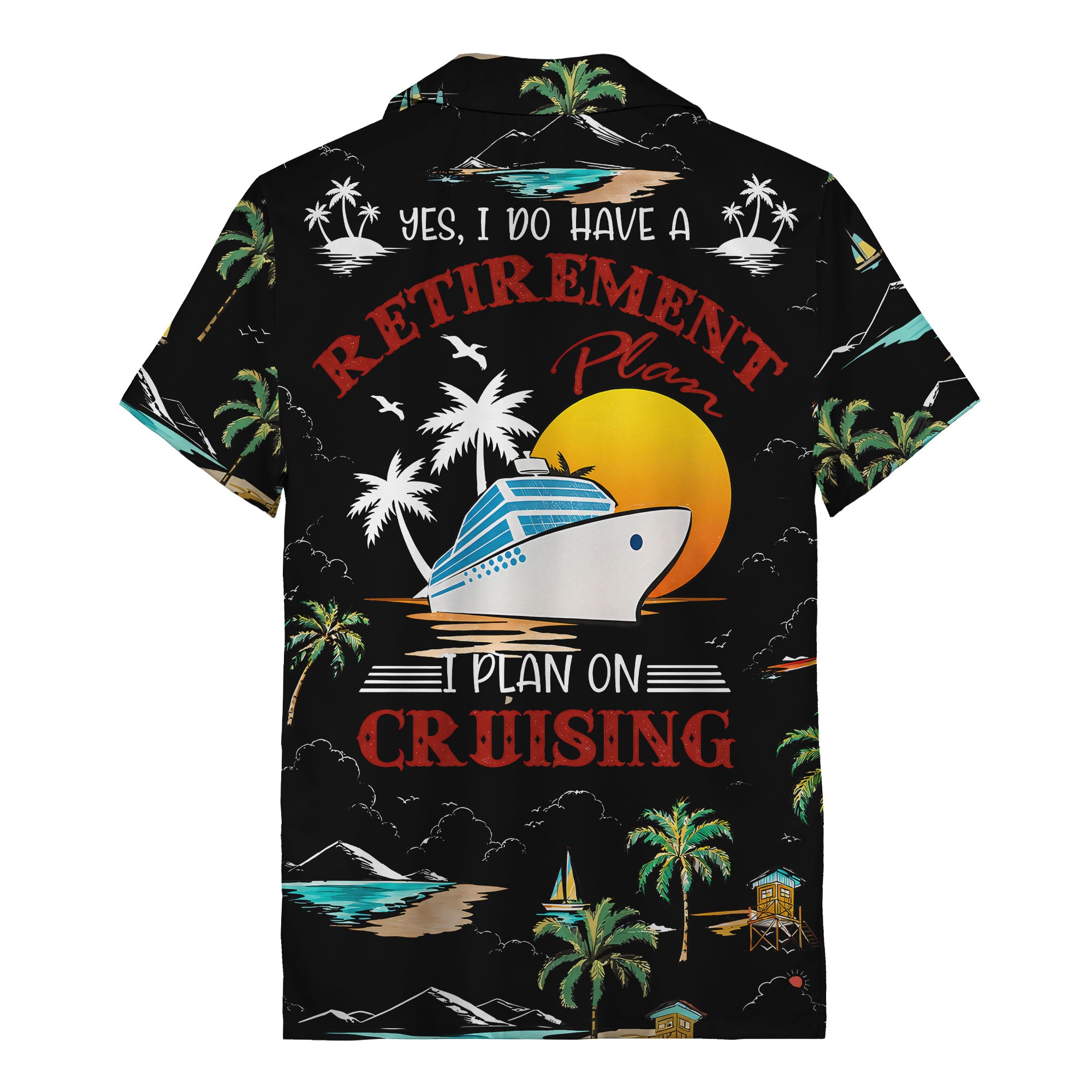 island paradise palm trees & sailboats sunset hawaiian shirt