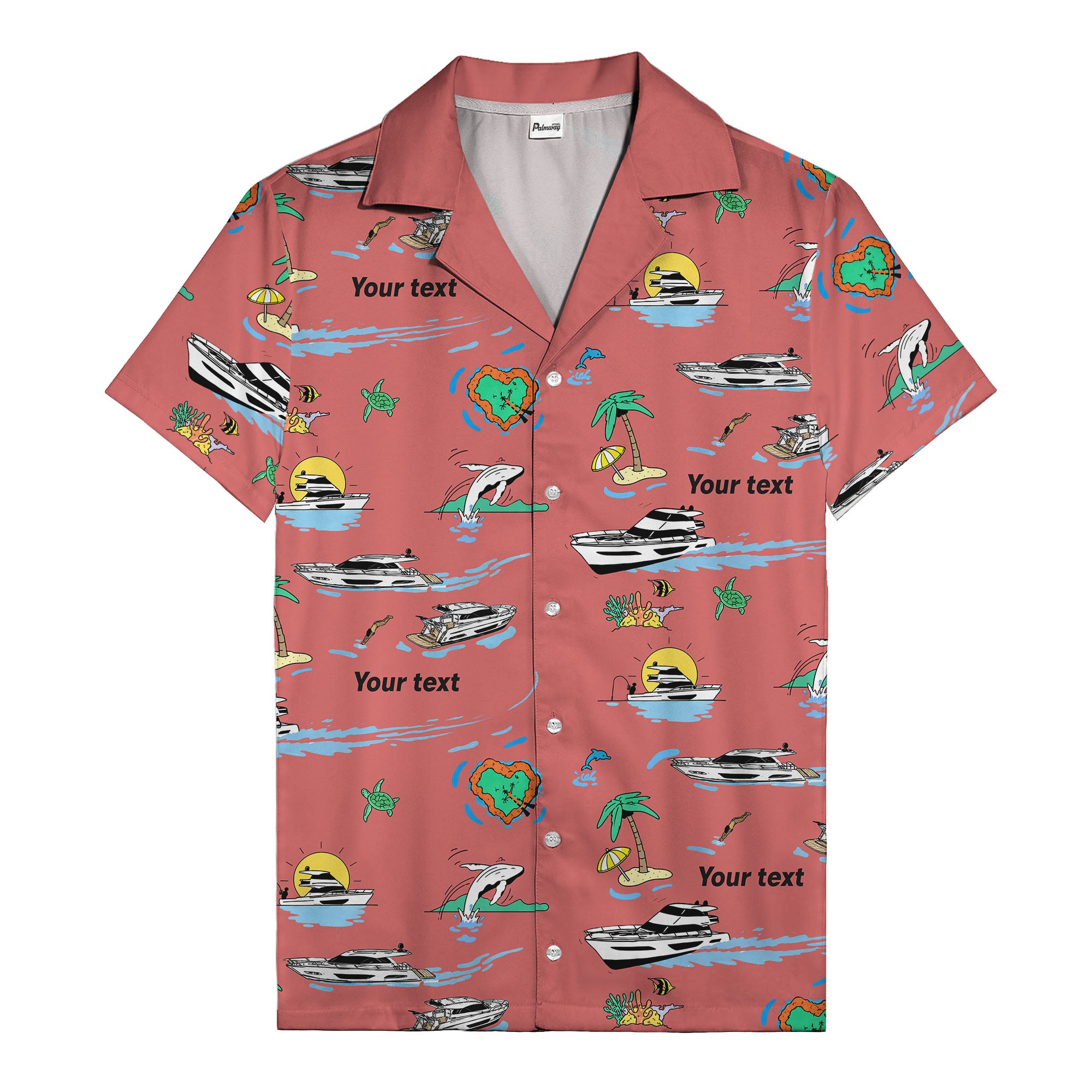 luxury yacht & heart-shaped island cartoon hawaiian shirt