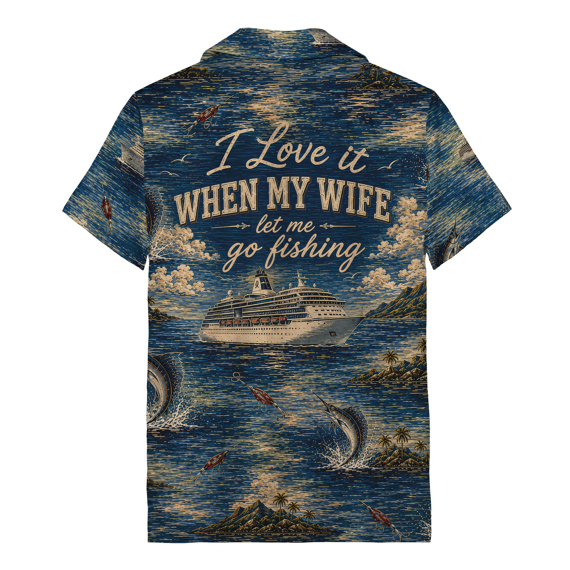 marlin fish & cruise ship ocean scene hawaiian shirt for men