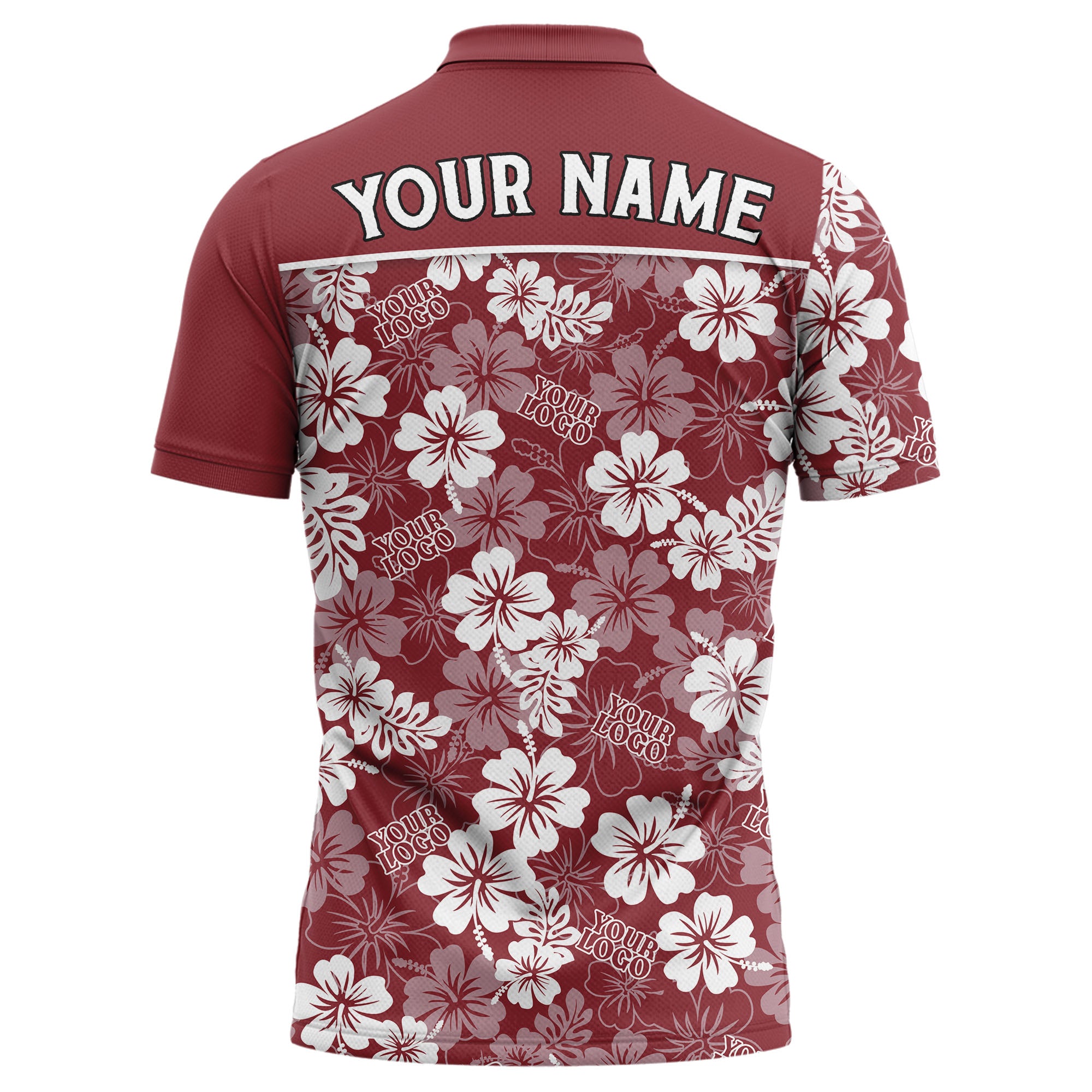 maroon tropical hibiscus geometric leaves custom printed golf polo shirt