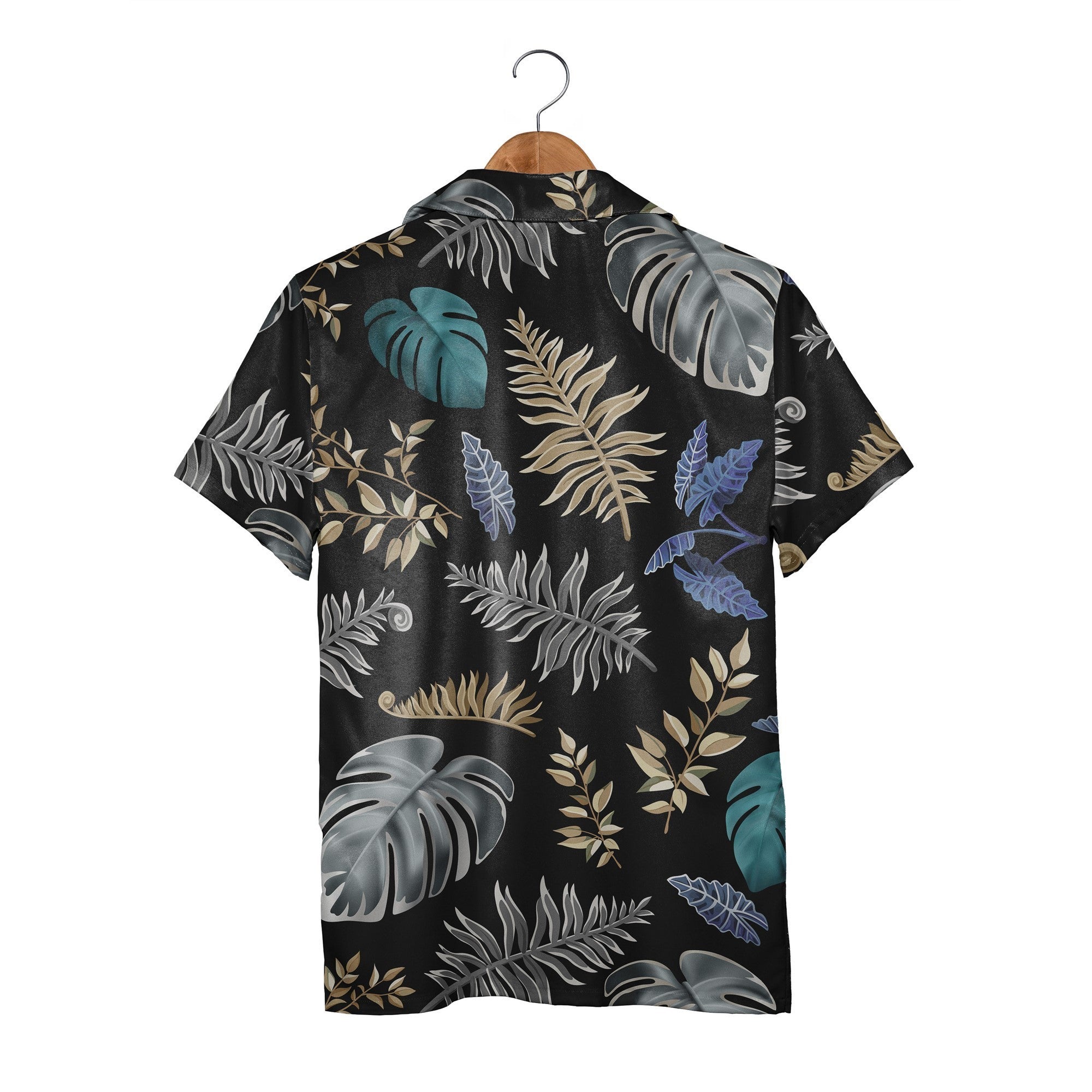 Midnight Jungle Black Hawaiian Shirt with Teal Monstera and Gold Accents