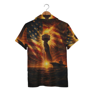 Military Sunset Hawaiian Shirt - Aircraft Carrier Statue of Liberty & Ocean Wave Print