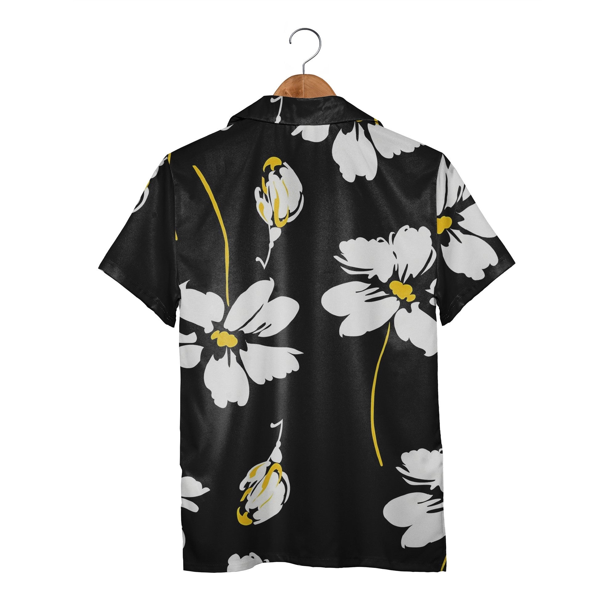 Modern Graphic Floral Hawaiian Shirt in Black White and Yellow
