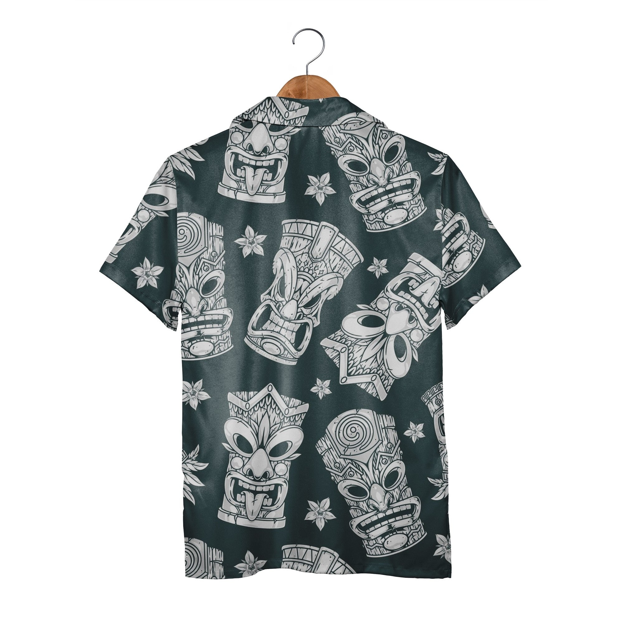 Monochrome Engraving Style Tiki Hawaiian Shirt on Dark Teal
