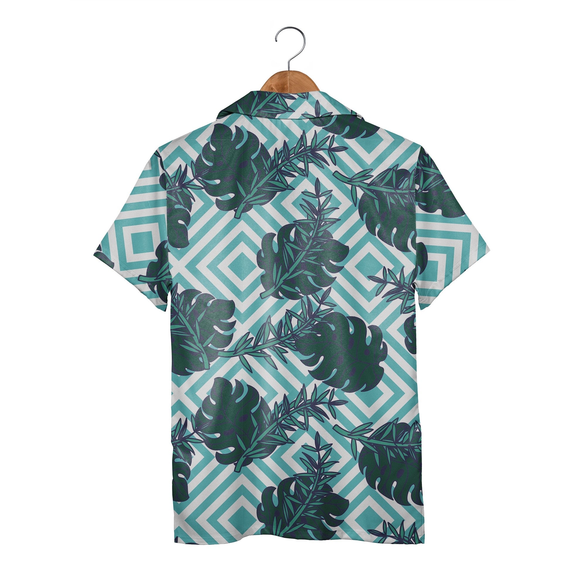 Monstera Leaf Hawaiian Shirt on Aqua White Diagonal Stripes