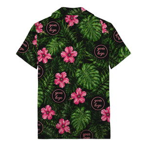 monstera leaves pink hibiscus watercolor hawaiian shirt for men
