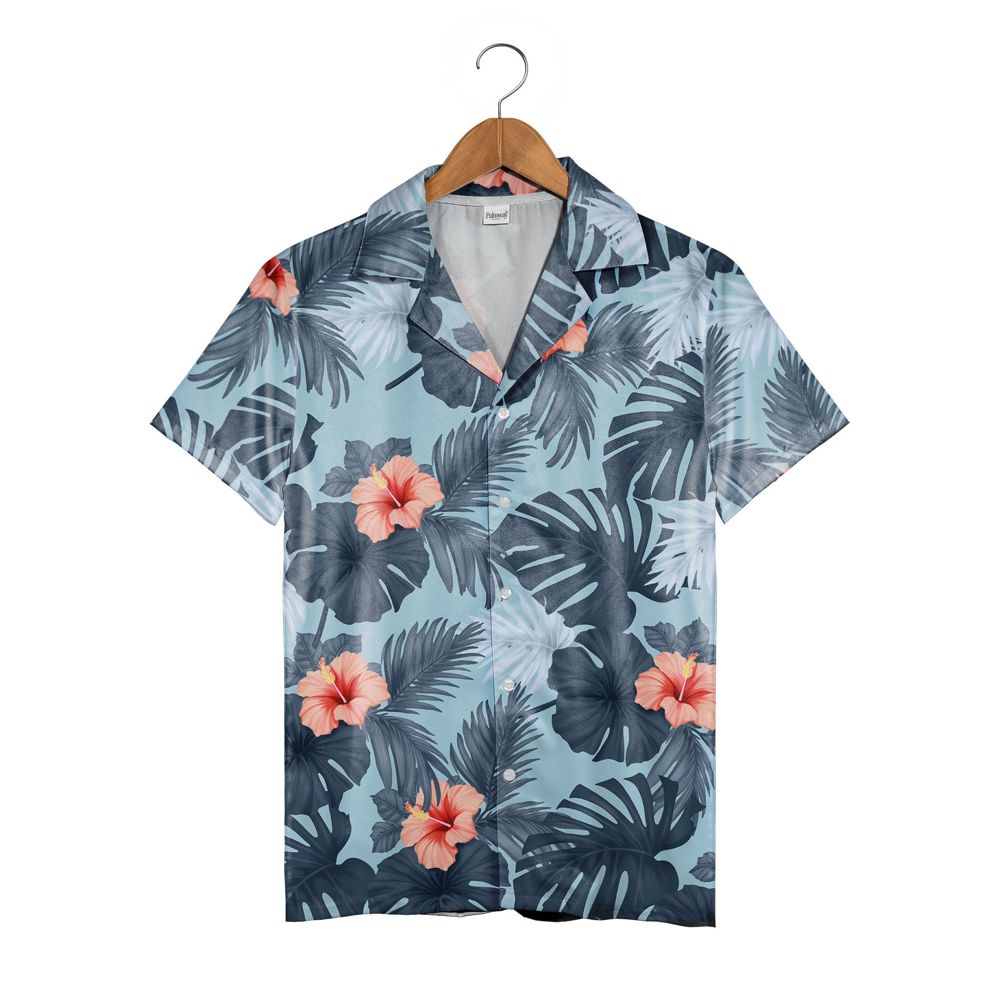 Navy Blue Corporate Hawaiian Shirt with Hibiscus and Custom Logo Space