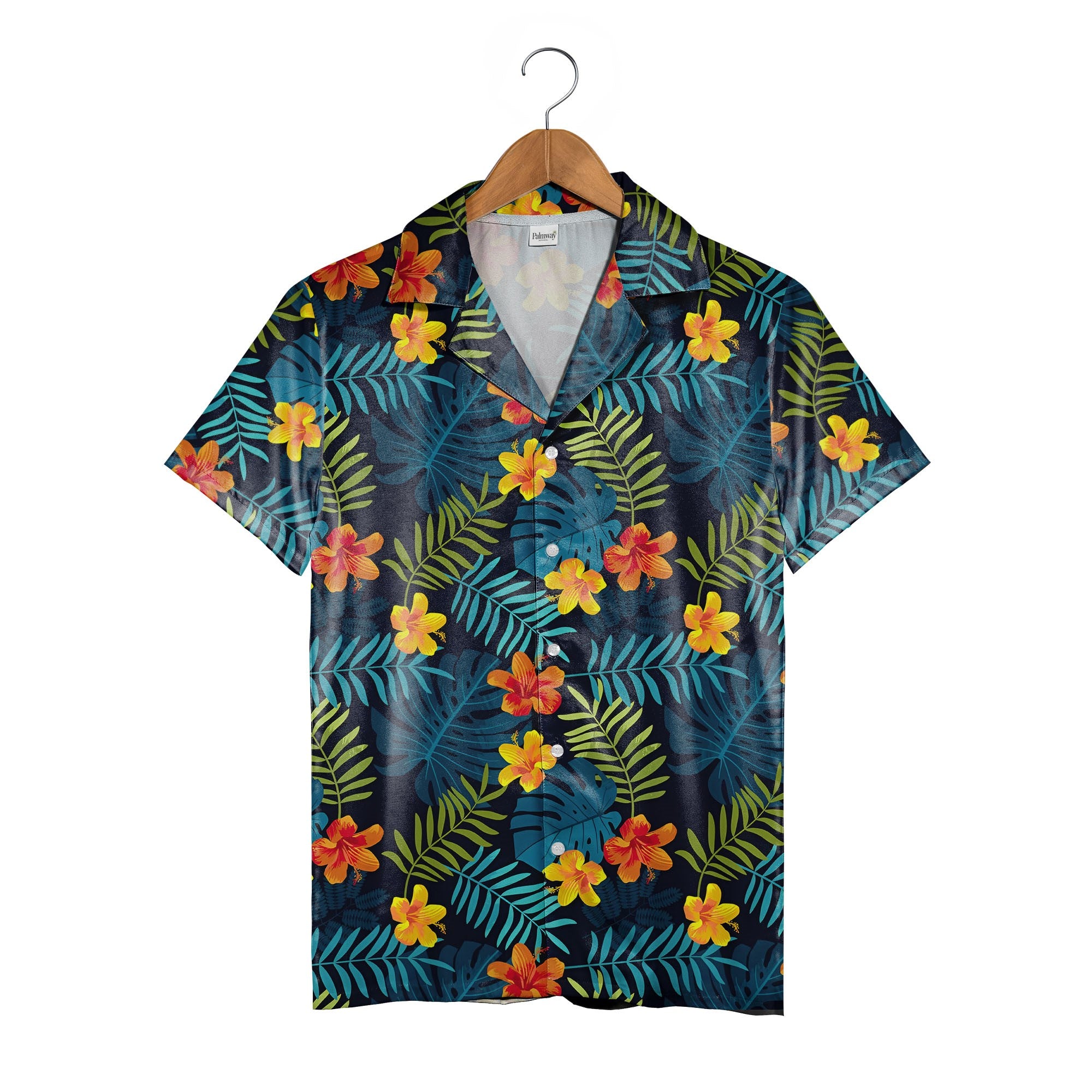 Navy Floral Corporate Hawaiian Shirt with Stylized Tropical Blooms