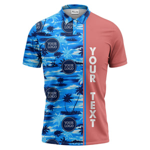 oceanic palm trees & circular logo repeat navy blue tropical beach polo shirt