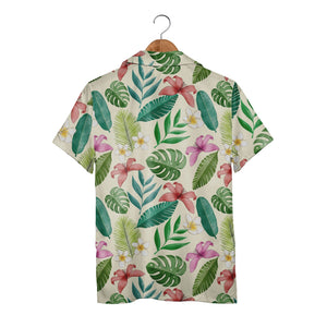 Pale Aqua Blue Watercolor Plumeria Hawaiian Shirt with Ranunculus and Palm
