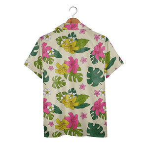 Pale Beige Hand-Drawn Monstera Hawaiian Shirt with Large Yellow Pink Flowers