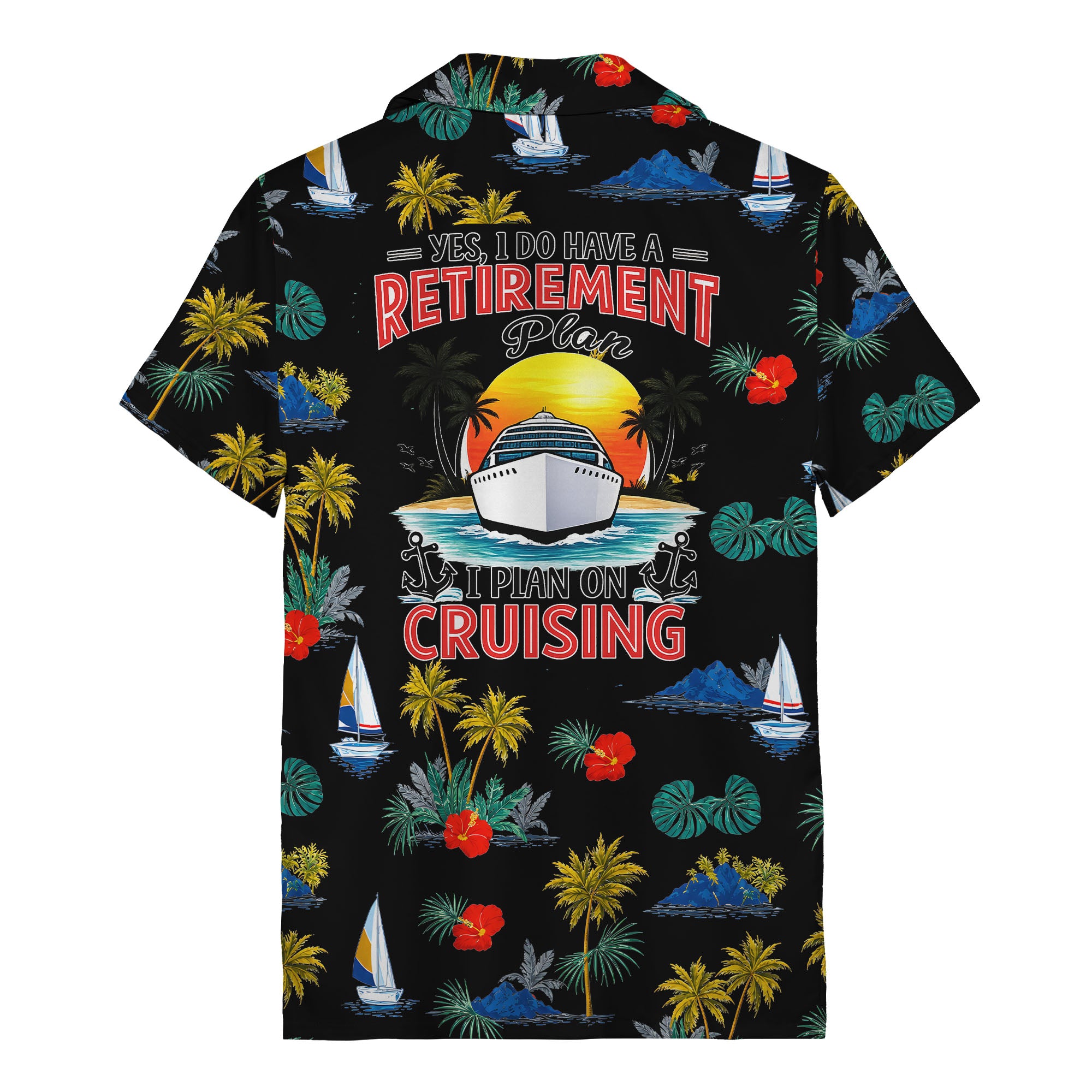 palm trees sailboats hibiscus island paradise hawaiian shirt
