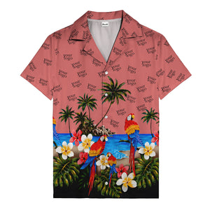 parrot paradise palm trees plumeria beach scene hawaiian shirt