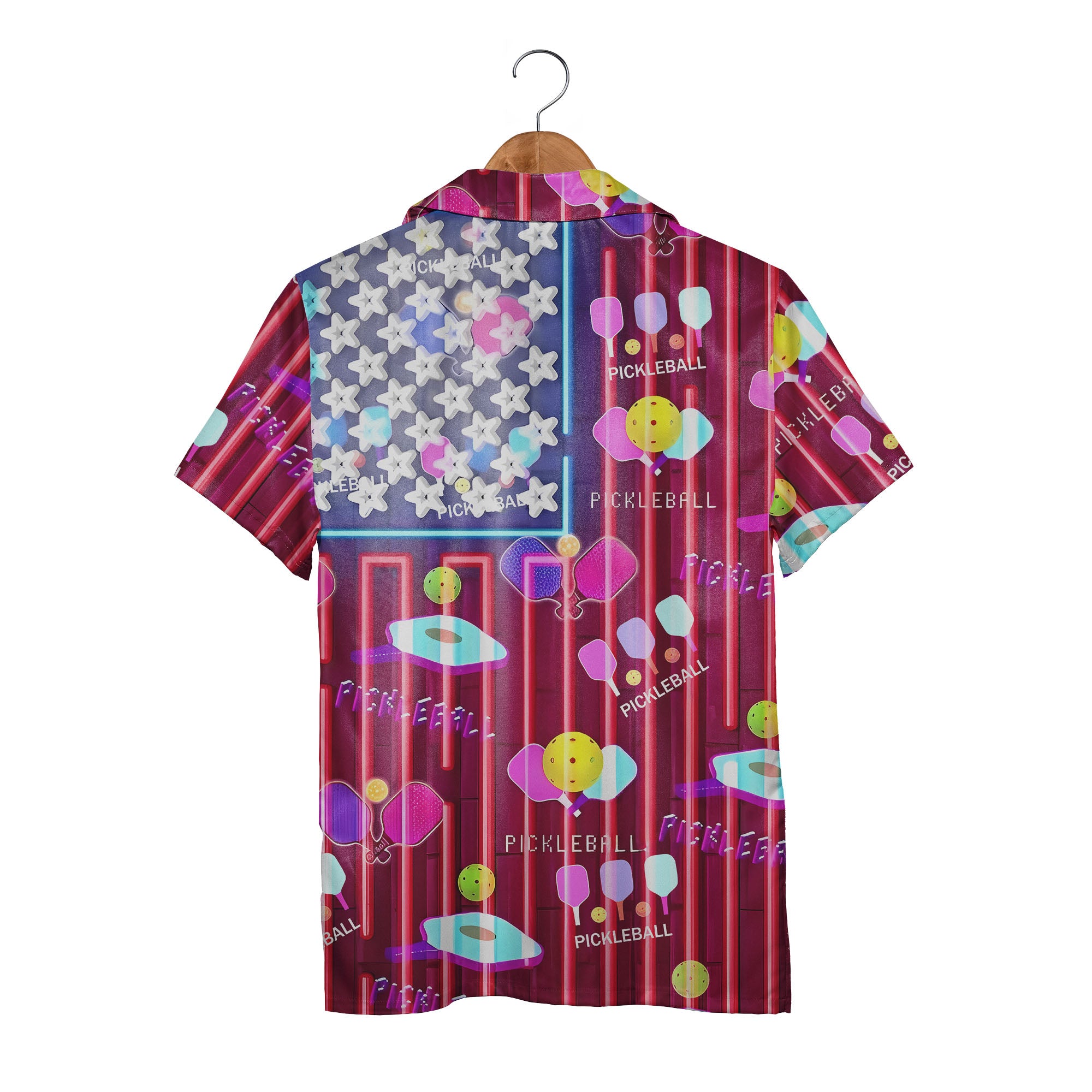 Patriotic Pickleball Hawaiian Shirt - Neon Stars USA Flag Sports Graphic Print