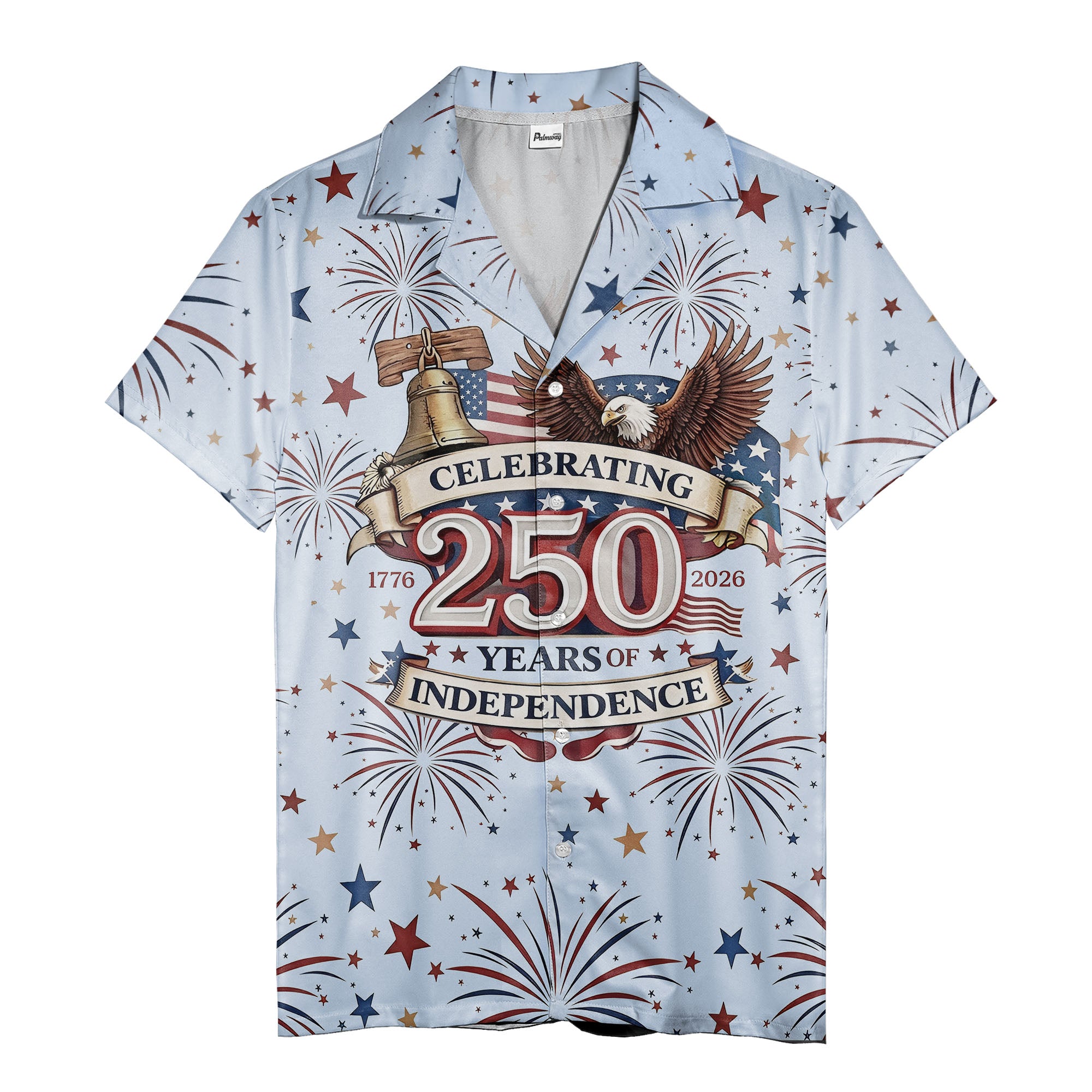 patriotic usa celebration hawaiian shirt with repeating eagle & fireworks design
