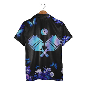Pickleball Floral Hawaiian Shirt - Butterfly Garden Paddles Purple Aqua Design