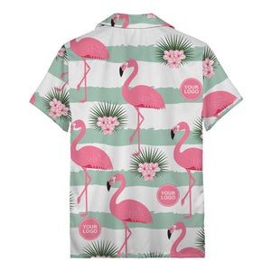 pink flamingos watercolor aloha shirt with mint stripes and tropical flowers hawaiian shirt