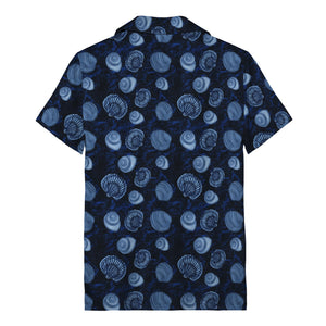 realistic seashell & spiral shell repeat navy blue hawaiian shirt