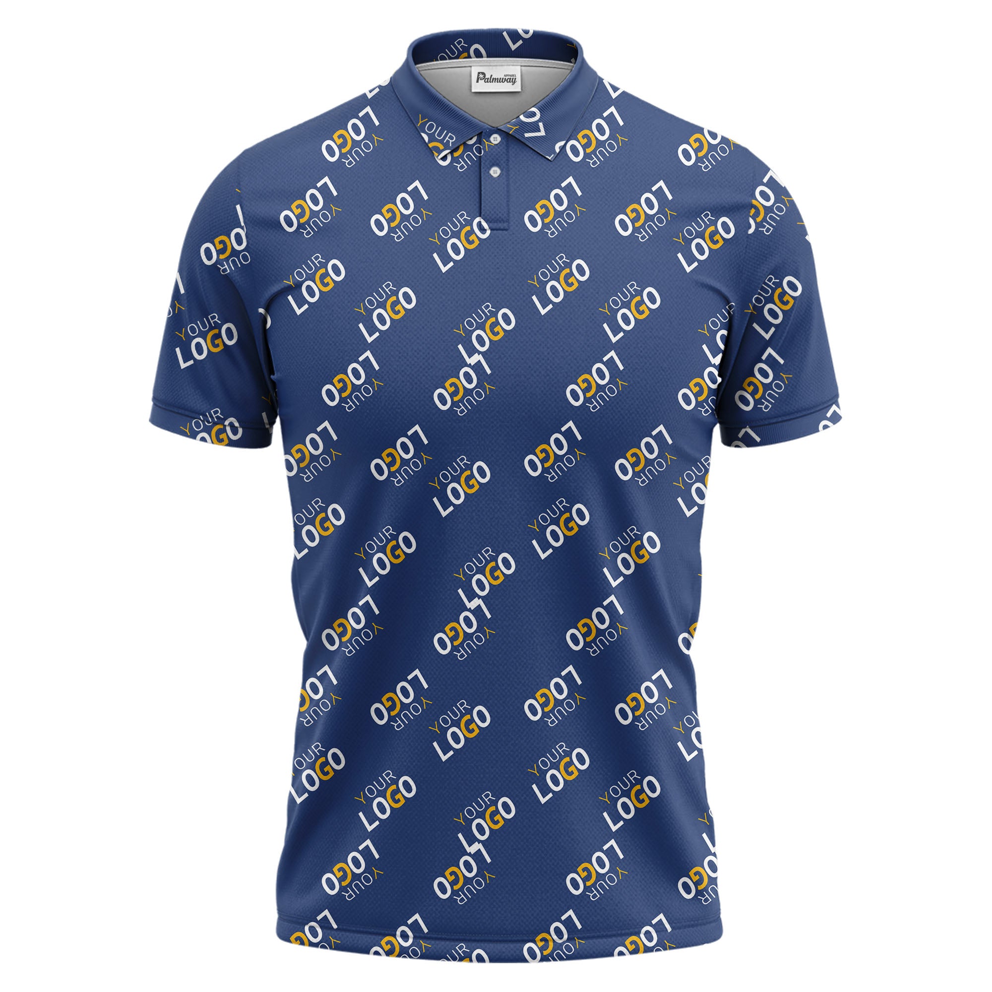 repeating gold logo hawaiian polo shirt with custom text overlay