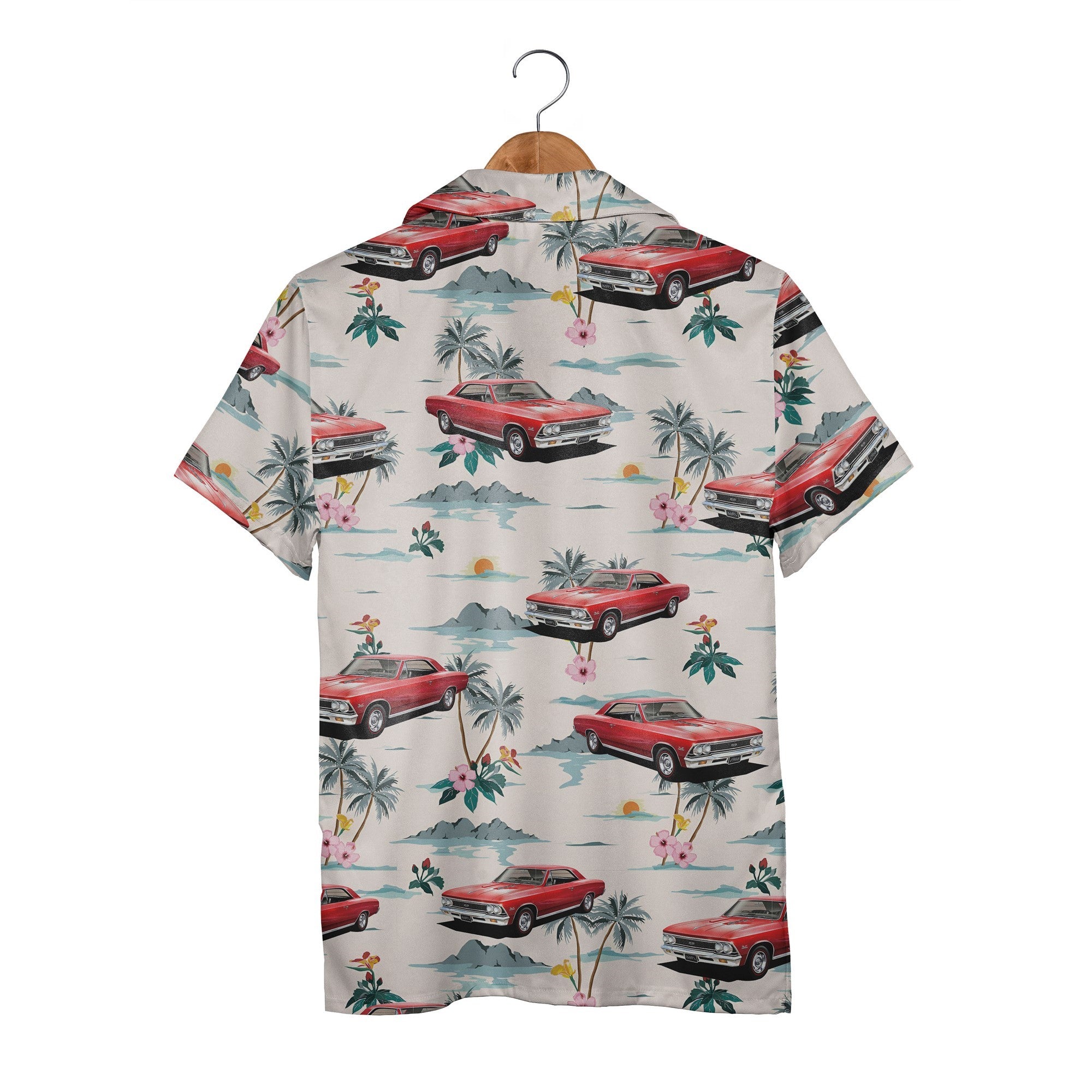 Retro Classic Car Hawaiian Shirt with Mountain Sunset Scene