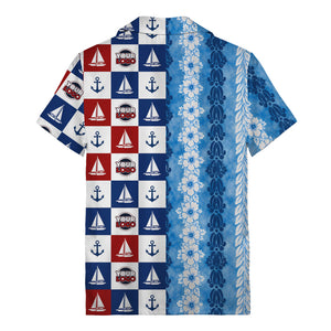 sailing boats & anchors checkered navy blue hawaiian shirt for men